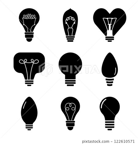 Set of Light Bulb Silhouette Icons Vector Illustration. Minimalist light bulb icons in black and white. Each icon showcases a unique light bulb design, including traditional, vintage, modern shapes. 122610571