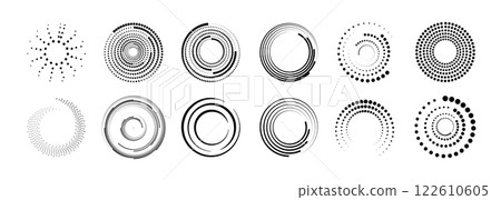 Halftone circular dotted frames set. Set of black thick halftone dotted speed lines. Speed lines in circle form. Geometric art. Vector Halftone circular dotted frames set. Set of black thick halftone dotted speed lines. Speed lines in circle form. Geometric art. Vector 122610605