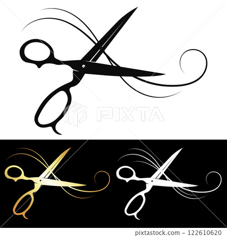 Hairstylist scissors with beautiful curled lock of hair Hairstylist scissors with beautiful curled lock of hair 122610620