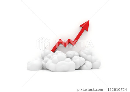 A red arrow pointing upwards through a cloud of white clouds A red arrow pointing upwards through a cloud of white clouds 122610724