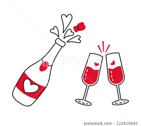 Champagne bottle and glasses doodle flat style love isolated icon symbol of love 122610882