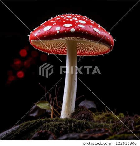 A beautiful, slender, bright mushroom - fly agaric. The bright and attractive fly agaric mushroom is very poisonous to humans. 122610906