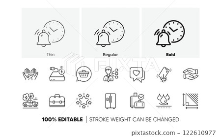 Triangle area, Portfolio and Alarm clock line icons. Pack of Waterproof, Power bank, Shopping cart icon. Fair trade, Stars, Refrigerator pictogram. Third party, Smartphone broken, Helping hand. Vector 122610977