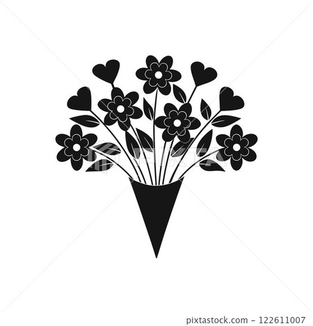 Heart-themed flower bouquet silhouette design. Cute flower bouquet with hearts isolated icon vector illustration design. Heart-themed flower bouquet silhouette design. Cute flower bouquet with hearts isolated icon vector illustration design. 122611007