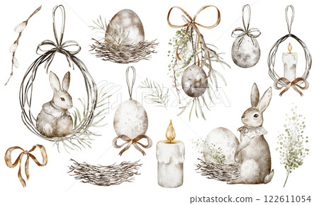 Watercolor set Easter vintage illustrations bunny, decoration, garland, Easter egg, candle. Hand drawn holiday design for religion card and invitation. Drawing holiday elements for stickers. Watercolor set Easter vintage illustrations bunny, decoration, garland, Easter egg, candle. Hand drawn holiday design for religion card and invitation. Drawing holiday elements for stickers. 122611054