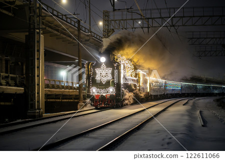 Retro old Christmas steam train at night in the city on Christmas Eve and New Year in Russia. 122611066