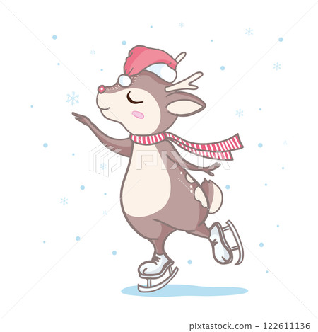 Vector illustration Cute cartoon Deer with gift in a Santa hat Vector illustration Cute cartoon Deer with gift in a Santa hat 122611136
