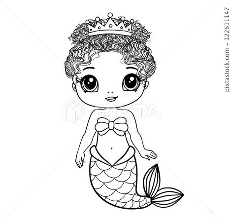 Coloring book for children. Cute cartoon mermaid. Funny beautiful little sea princess. Kids comic print for little girl. Coloring book for children. Cute cartoon mermaid. Funny beautiful little sea princess. Kids comic print for little girl. 122611147