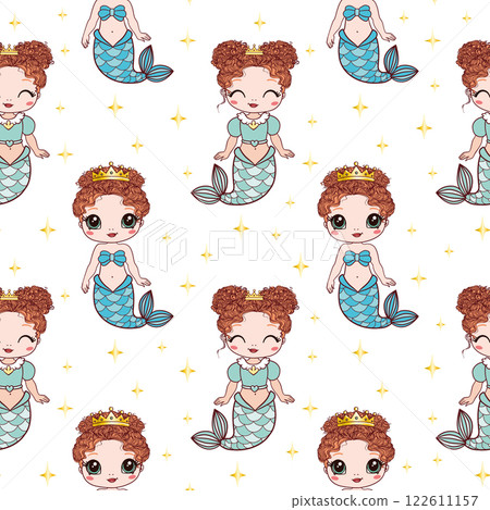 Mermaids girls vector pattern. Cute cartoon card with little mermaid seamless pattern. 122611157