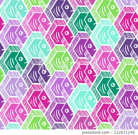 Neon Hexagonal Fish Tessellation Seamless Pattern Neon Hexagonal Fish Tessellation Seamless Pattern 122611240