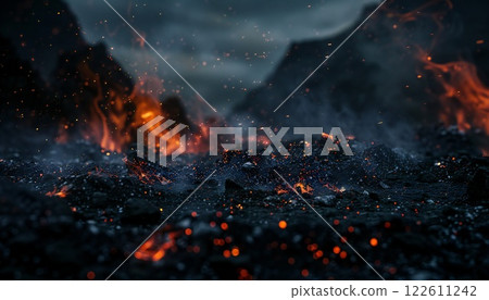 A charred landscape at twilight, remnants of a recent fire 122611242