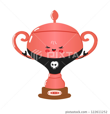 Cute cartoon Silver trophy cup character with a skull shirt and playful pose. Vector hand drawn cartoon kawaii character illustration icon. Isolated on white background. Silver trophy cup heavy metal Cute cartoon Silver trophy cup character with a skull shirt and playful pose. Vector hand drawn cartoon kawaii character illustration icon. Isolated on white background. Silver trophy cup heavy metal 122611252