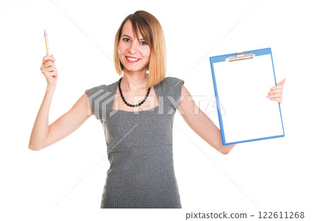 young business woman standing with her clipboard isolated young business woman standing with her clipboard isolated 122611268