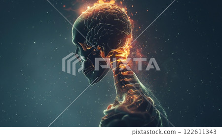 A human figure with a highlighted neck skeleton, illustrating neck pain conditions A human figure with a highlighted neck skeleton, illustrating neck pain conditions 122611343