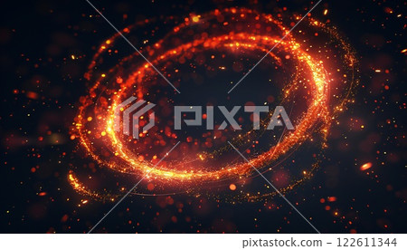 Fiery red and glowing orange energy trails forming mystical spirals and sparks, against a dark backdrop Fiery red and glowing orange energy trails forming mystical spirals and sparks, against a dark backdrop 122611344