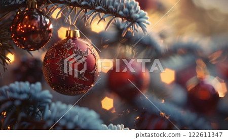 Close-up image of decorations on a Christmas tree, design with copy space 122611347