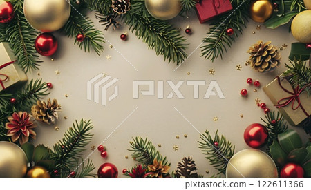 New Year's card decorated with holiday decorations and gifts with copy space New Year's card decorated with holiday decorations and gifts with copy space 122611366