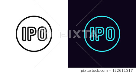 Outline IPO icon, with editable stroke. Round tag for Initial public offering. New public company on stock market, attract funding with IPO, investments in business, shares trade launch. Vector icon 122611517