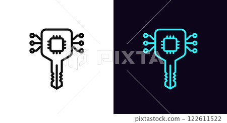 Outline digital key icon, with editable stroke. Digital key with chip for secure access and system login. Cybersecurity, network data encryption, smart key protection, private control. Vector icon 122611522