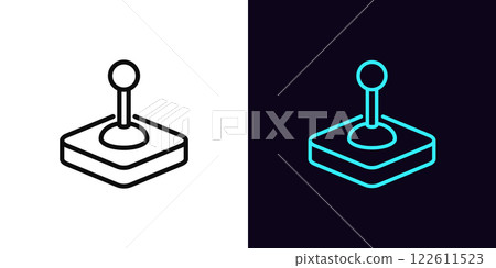 Outline control joystick icon, with editable stroke. Arcade joystick, game joypad, control lever. Gaming stick handle, retro controller, vintage control console, manipulator handle. Vector icon 122611523