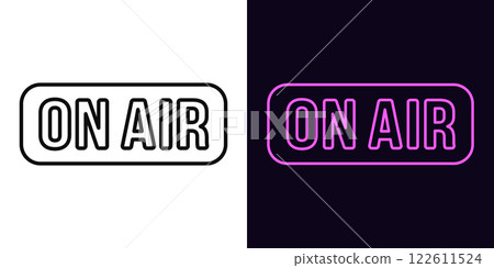 Outline On Air text icon, with editable stroke. On Air sign with frame. Broadcast music radio, tv show and podcast. Online sport game stream, live play. News on air, live interview. Vector icon 122611524