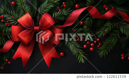 Realistic red bow for holiday gift wrapping. Includes fir branches, berries and leaves on a dark background Realistic red bow for holiday gift wrapping. Includes fir branches, berries and leaves on a dark background 122611539