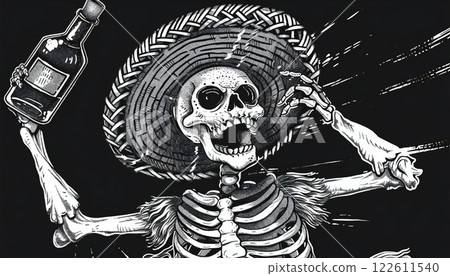 Dancing skeleton in sombrero with bottle, cheerful and festive engraving sketch on black background 122611540
