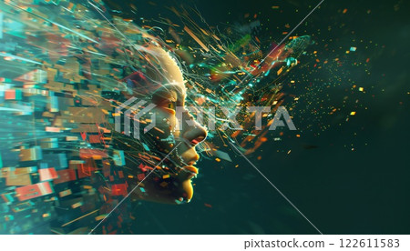 A wise, ethereal AI being amidst a swirling vortex of data and cosmic energy 122611583
