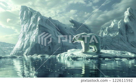 A stark image of a polar bear on dwindling ice amidst a melting glacier 122611592