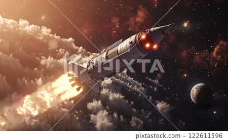 A rocket blasting off into space with stars and planets visible 122611596