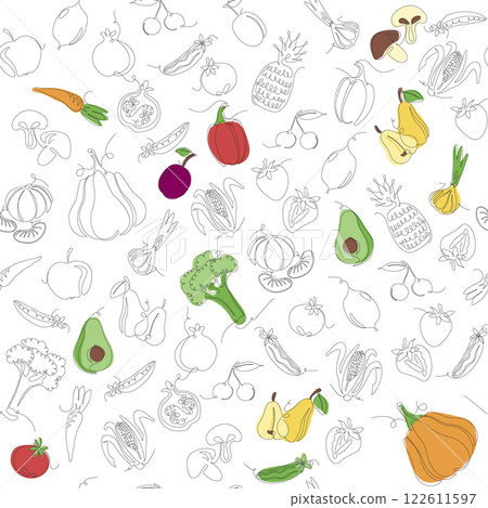 Vector line seamless pattern in swatches, ornament for wrapping paper textile fabric tile drawing element, nature food graphic design, eco vegetable illustration element, white background. Vector line seamless pattern in swatches, ornament for wrapping paper textile fabric tile drawing element, nature food graphic design, eco vegetable illustration element, white background. 122611597