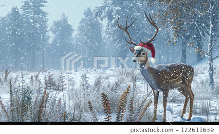 A reindeer wearing a Santa hat in a snowy forest A reindeer wearing a Santa hat in a snowy forest 122611639