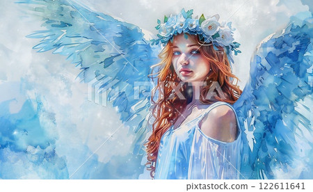 A charming watercolor painting of a Christmas angel with dainty wings, a flowing blue gown, and a floral crown A charming watercolor painting of a Christmas angel with dainty wings, a flowing blue gown, and a floral crown 122611641