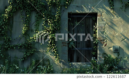 Rustic building with creeping vines 122611687
