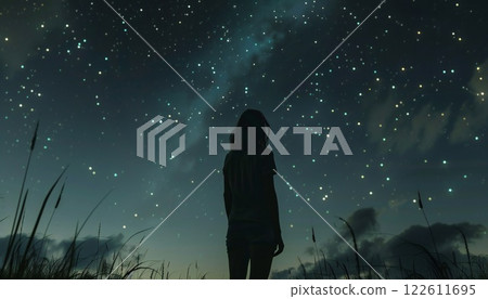 Surreal dreams of space exploration dance in the eyes of a girl captivated by the night sky 122611695