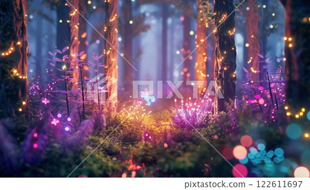 A mystical forest, awash in ethereal light, teems with enchanting creatures 122611697