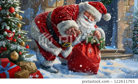 Santa with red gift bag. Santa on holiday 122611703