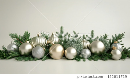 Decorative arrangement of ornaments and greenery on a light background 122611719