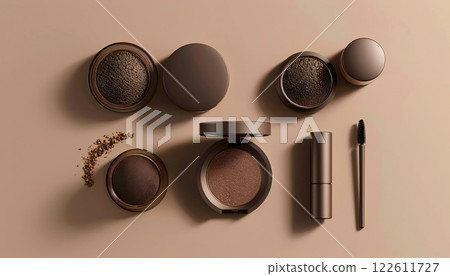 A modern take on beauty featuring a selection of cosmetics and natural products presented on a sophisticated Mocha Mousse background with minimalist shadows, advertising concept 122611727