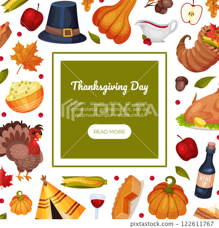 Thanksgiving Banner with Autumn Fest Object Vector Template 122611767