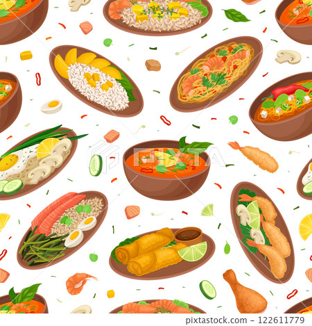 Thai Food Seamless Pattern Design with Tasty Served Meal Vector Template Thai Food Seamless Pattern Design with Tasty Served Meal Vector Template 122611779