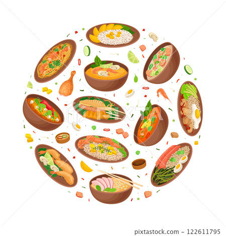 Thai Food Round Composition Design with Tasty Served Meal Vector Template 122611795