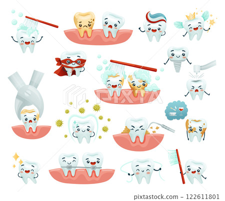 Cute Teeth Character with Smiling Face Big Vector Set Cute Teeth Character with Smiling Face Big Vector Set 122611801