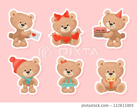 Teddy Bear as Cute Fluffy Animal Vector Sticker Set Teddy Bear as Cute Fluffy Animal Vector Sticker Set 122611805