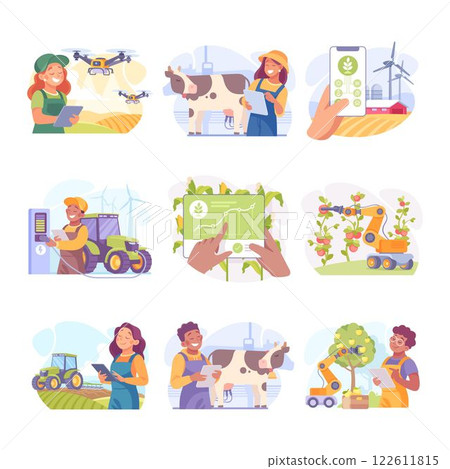 Farming Technology with Farmer Managing Farm with Mobile App on Tablet Vector Set 122611815