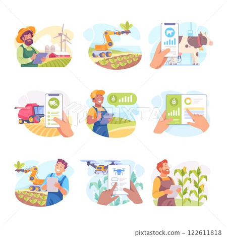 Farming Technology with Farmer Managing Farm with Mobile App on Tablet Vector Set Farming Technology with Farmer Managing Farm with Mobile App on Tablet Vector Set 122611818