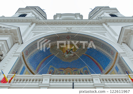 Metropolitan Cathedral in Iasi, Romania. West facade, detail of mosaic. 122611967