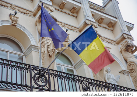 European Union and Romania flags in Iasi, Romania. European Union and Romania flags in Iasi, Romania. 122611975