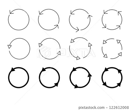 Set of circle arrows isolated. Circular Rotate arrow and spinning loading symbol. Different circular arrows of black color, different thickness and size. Vector 122612008