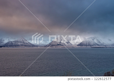 Landscape with a fjord and mountains, Harstad, Norway 122612577